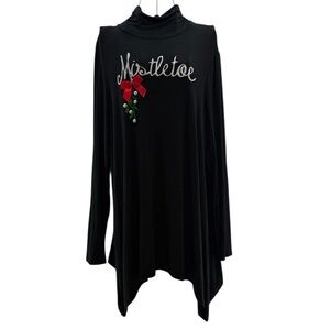 💚Joseph A Women’s Black Holiday Embroidered Mistletoe Mock Neck Top, Size Large
